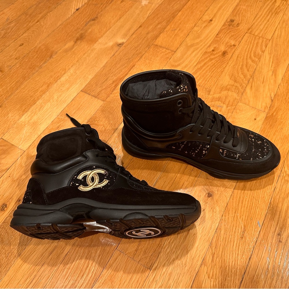 Chanel leather and tweed boots